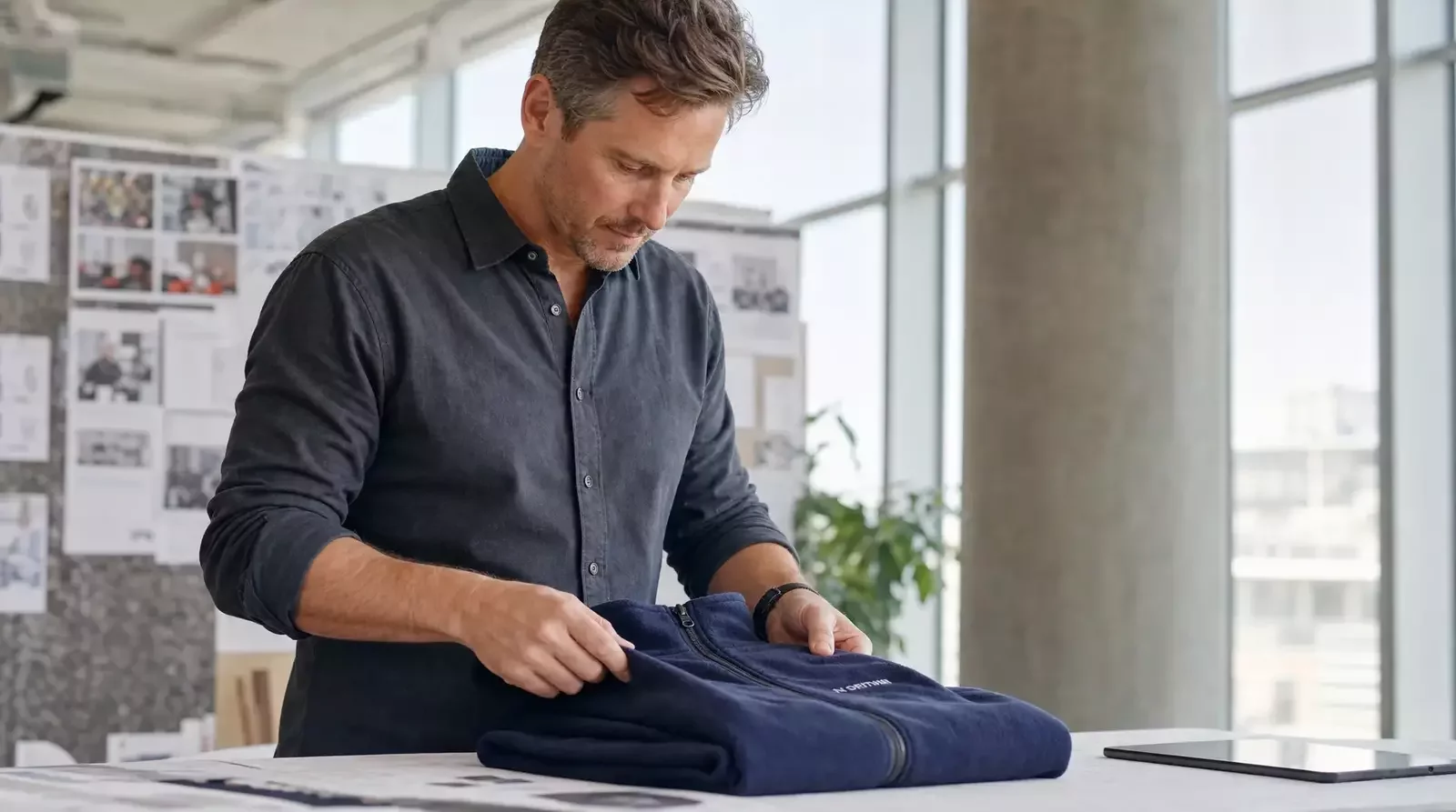 A guy folding a shirt with a logo on it, of course.
